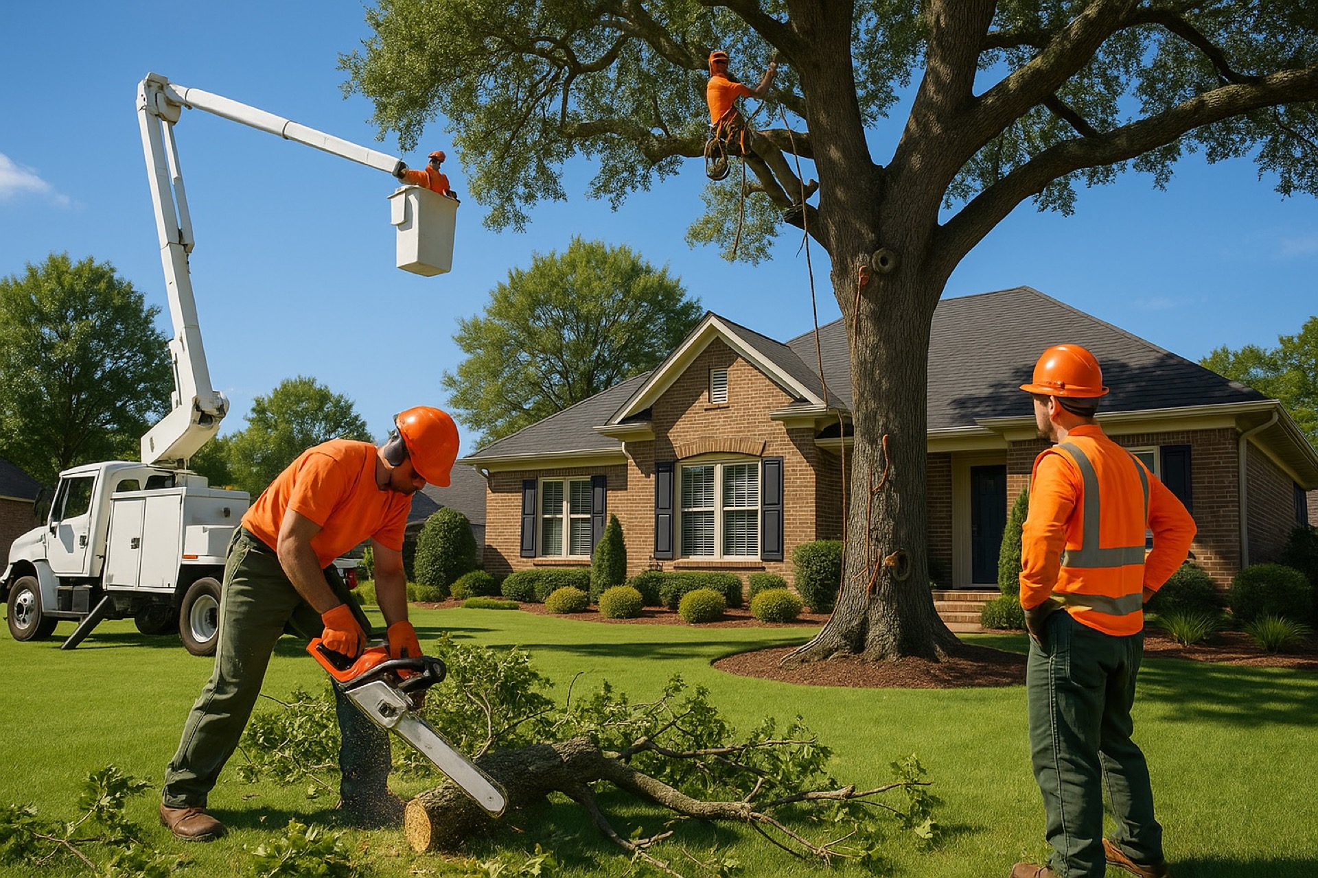 tree service near me Birmingham AL, professional tree removal crew cutting large oak tree in residential yard with safety equipment